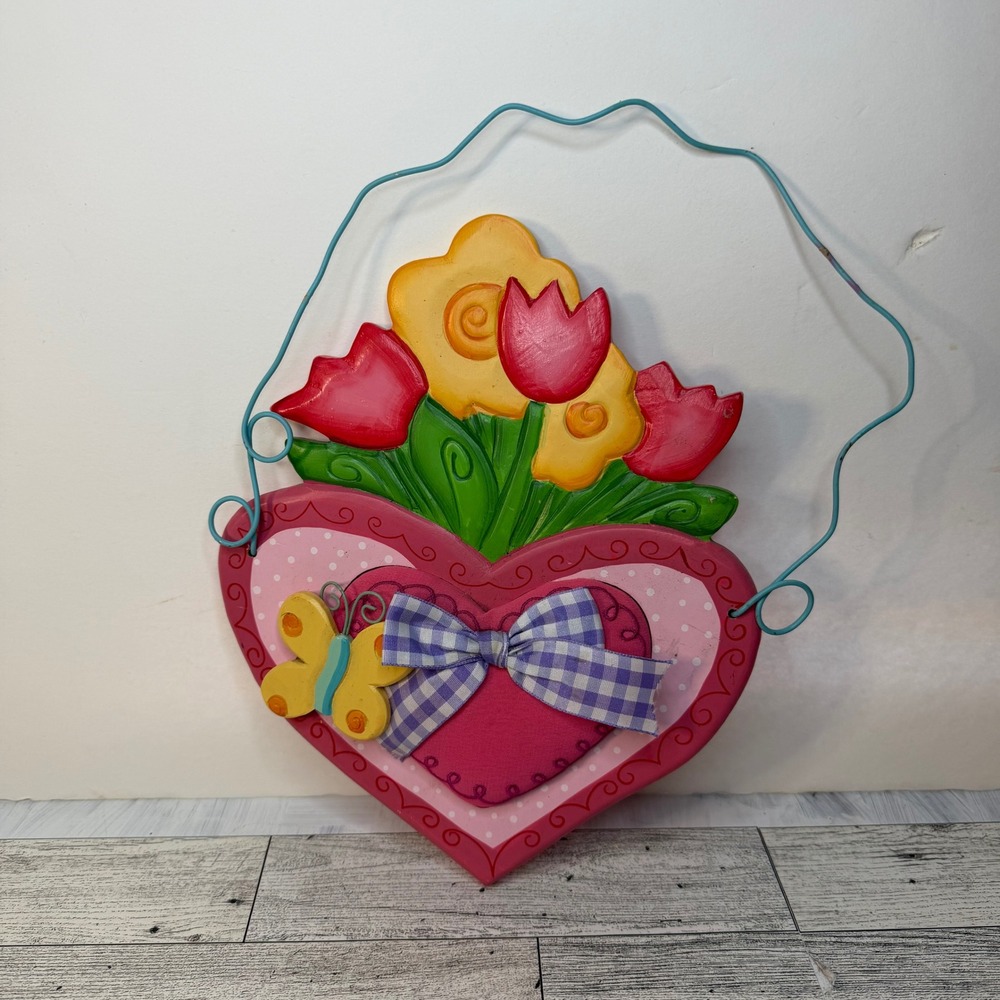 Spring Heart Wooden Wall Plaque Floral Tulips Butterfly Gingham Bow Decor